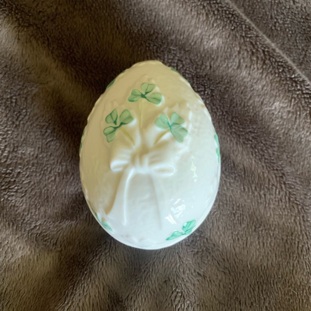Vintage Belleek Egg Trinket Box Fine Porcelain Green Shamrocks